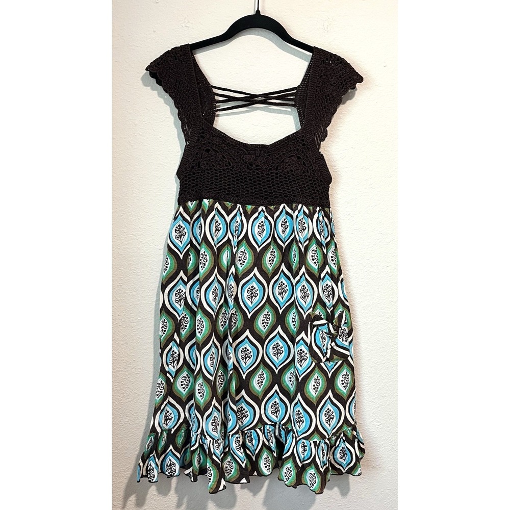 Y2K Women's Dress Brown Crochet Green Geometric Boho Hippie Cottagecore Sm?